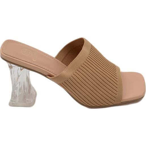 Malu Shoes sandali donna mules pantofole in tessuto elastico nude e tacco trasparente martini 7 moda tendenza