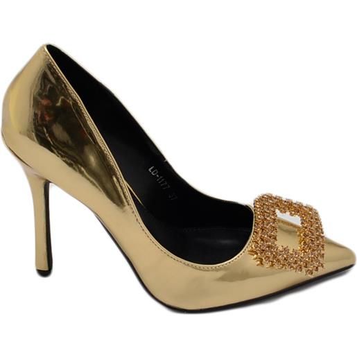 Malu Shoes decollete' donna lucido specchio oro con gioiello spilla quadrato oro in punta tacco 12 cm spillo