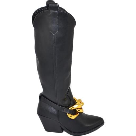 Malu Shoes stivali donna camperos texani nero basic pelle morbida catena oro rimovibile tacco western 7 cm altezza ginocchio moda