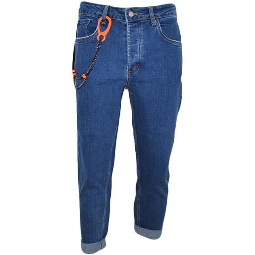 Malu Shoes jeans denim uomo skinny fit con effetto slavato cinque tasche chiusura frontale cerniera e bottone con gancio fluo neon