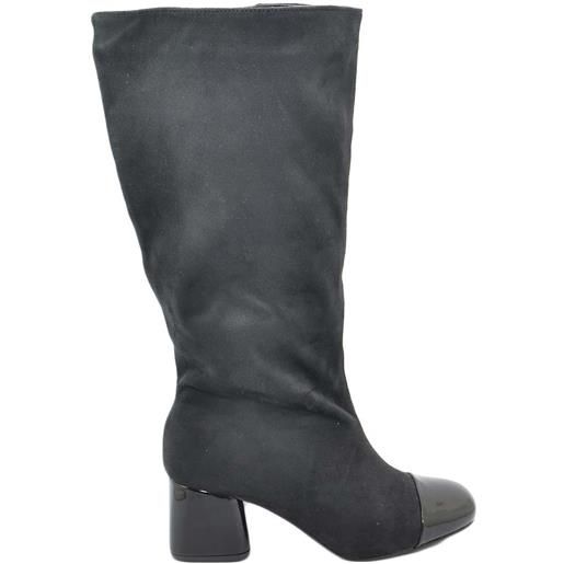 Malu Shoes stivale donna nero n camoscio sotto ginocchio con punta lucida e tacco basso linea vintage con zip comodo anni 30 moda