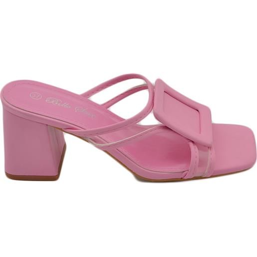 Malu Shoes sandali donna rosa acceso mules sabot pantofola lasci trasparenti accessorio con tacco grosso 7 cm comodo moda tendenza