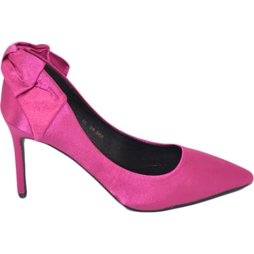 Malu Shoes scarpe donna decollete punta elegante raso fucsia tacco spillo 10 fiocco retro moda elegante cerimonia evento anni 30
