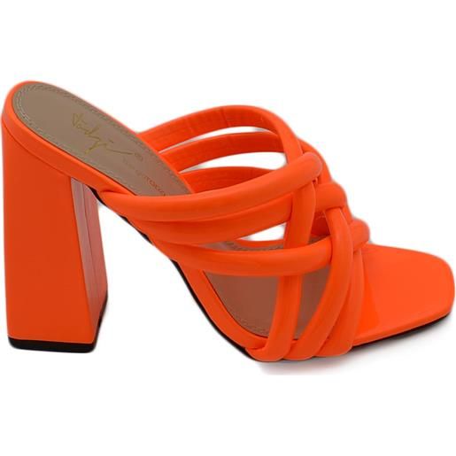 Malu Shoes sandali donna mules pantofoline sabot arancio fluo intrecciato con tacco largo alto 10 moda tendenza