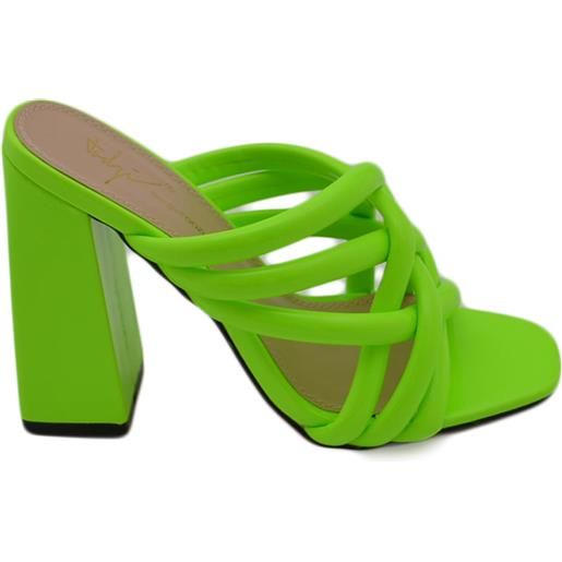 Malu Shoes sandali donna mules pantofoline sabot verde lime fluo intrecciato con tacco largo alto 10 moda tendenza