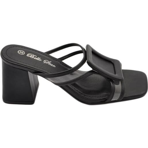 Malu Shoes sandali donna nero mules sabot pantofola lasci trasparenti accessorio con tacco grosso 7 cm comodo moda tendenza