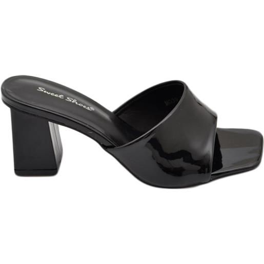 Malu Shoes sandali donna mules sabot con tacco grosso 7 cm fascetta larga lucidi nero comodo ciabi moda tendenza