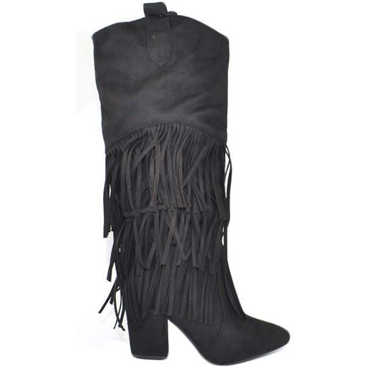 Malu Shoes stivali donna texani camperos in camoscio nero con frange lunghe e tacco western altezza ginocchio moda glamour luxury