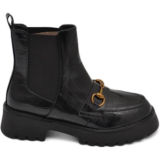 Malu Shoes stivaletti donna chelsea boots combat in ecopelle stampa cocco nero fondo alto elastico morsetto oro made in italy