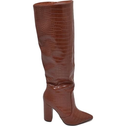 Malu Shoes stivali donna cuoio a punta tacco doppio 10 cm lucido altezza ginocchio rigido stampa coccodrillo con zip moda
