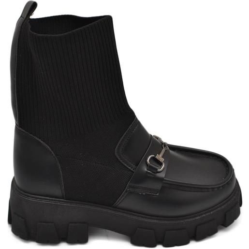 Malu Shoes stivaletti donna chelsea boots combat effetto calzino e pelle nero fondo alto elastico morsetto argento made in italy
