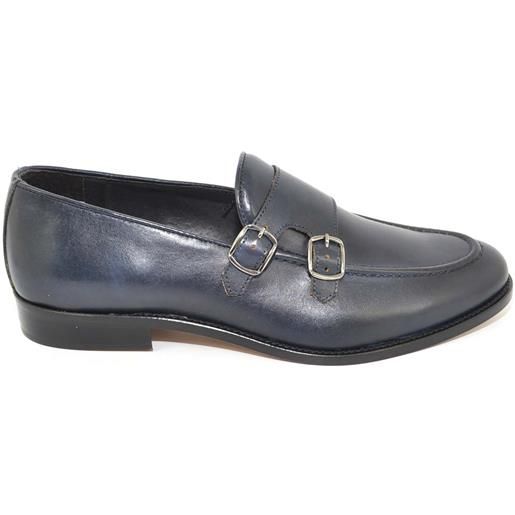 Malu Shoes scarpe uomo con fibbia doppia blu sottile derby vintage in vera pelle crust slip on business linea dandy