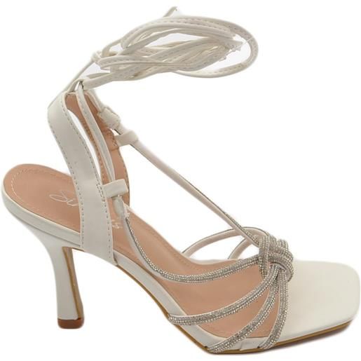 Malu Shoes sandalo donna gioiello open toe bianco intrecciato tacco a spillo 10 strass luccicanti cerimonia lacci alla caviglia