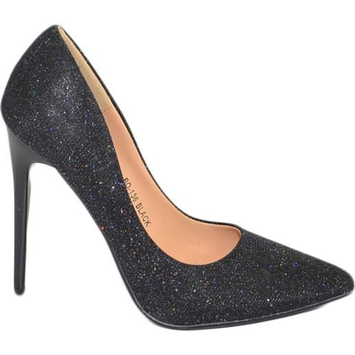 Malu Shoes scarpe donna decollete a punta elegante in lurex glitterato nero tacco a spillo 12 cm moda elegante cerimonia evento