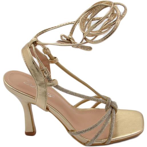 Malu Shoes sandalo donna gioiello open toe oro intrecciato tacco a spillo 10 strass luccicanti cerimonia eventi lacci alla caviglia