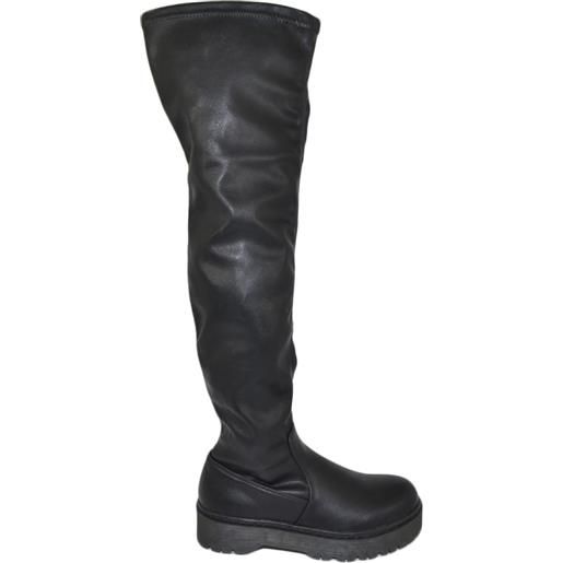 Malu Shoes stivale donna alto nero sopra ginocchio elastico effetto calzino suola gomma alta zeppa moda tendenza street