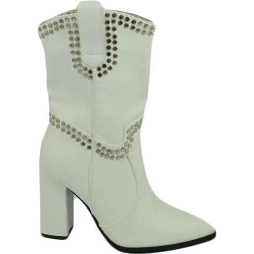 Malu Shoes stivaletti alti gambale tronchetti donna pelle bianco morbida punta tacco quadrato borchie tinta unita moda cas tendenza