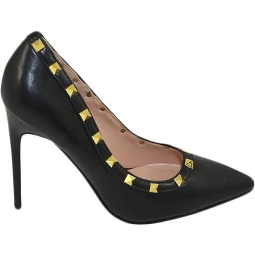 Malu Shoes scarpe donna decollete a punta elegante in pelle nero con bordo borchie dorate tacco a spillo 12 cm moda evento