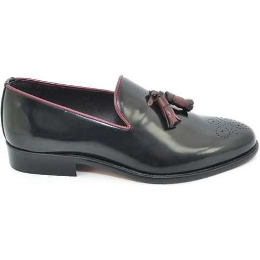 Malu Shoes scarpa mocassino uomo slip on elegante nero con rifiniture bordeaux e bon bon in vera pelle fondo cuoio business