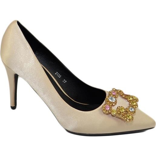 Malu Shoes scarpe decollete donna raso avorio elegante gioiello fermaglio quadrato punta tacco spillo 10 moda cinturino cerimonia