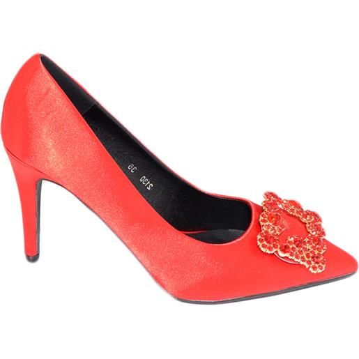 Malu Shoes scarpe decollete donna in raso rosso elegante gioiello fermaglio quadrato punta tacco spillo 10 moda cinturino cerimonia