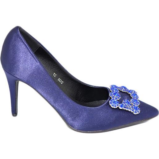 Malu Shoes scarpe decollete donna in raso blu elegante gioiello fermaglio quadrato punta tacco spillo 10 moda cinturino cerimonia