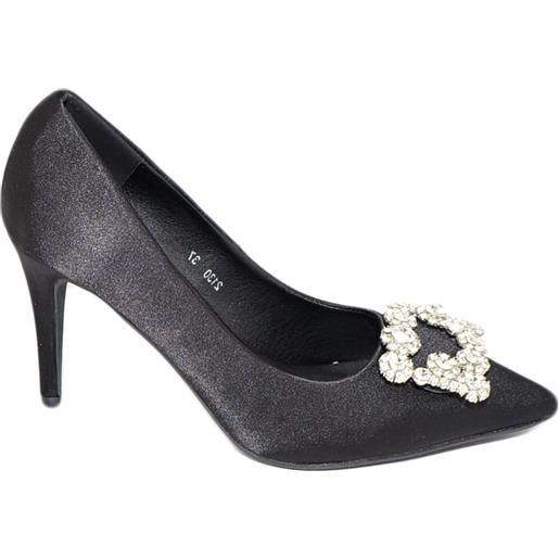 Malu Shoes scarpe decollete donna in raso nero elegante gioiello fermaglio quadrato punta tacco spillo 10 moda cinturino cerimonia