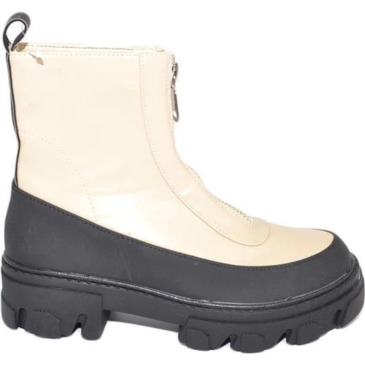 Malu Shoes stivaletti donna platform zip frontale boots combat panna nero impermeabile fondo alto carrarmato moda tendenza