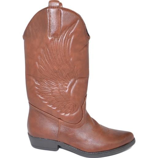 Malu Shoes stivali donna camperos texani stile western cuoio fantasia ali cucita su pelle tinta unita altezza polpaccio tacco basso