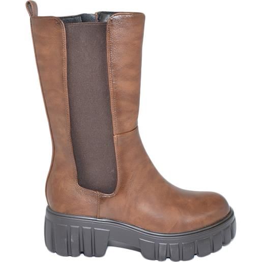 Malu Shoes stivale donna platform chelsea boots combat marron fondo alto sotto ginocchio zip elastico laterale moda tendenza comodo