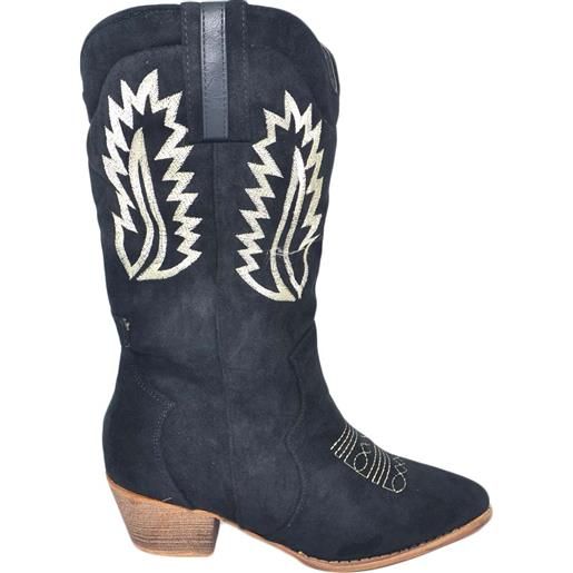 Malu Shoes stivali donna camperos texani stile western effetto scamosciato nero con cuciture a contrasto unita altezza polpaccio