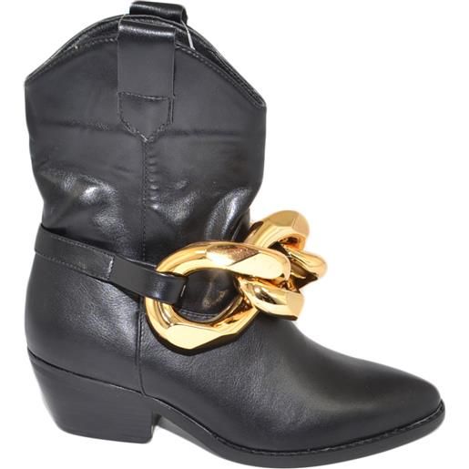 Malu Shoes stivale camperos donna neri texano tacco basso western in pelle liscia accessorio catena oro rimovibile meta polpaccio