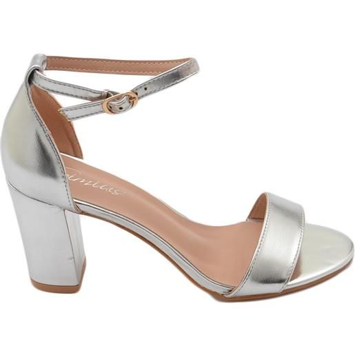Malu Shoes sandalo alto donna argento con tacco doppio 7 cm cinturino alla caviglia linea basic cerimonia evento elegante