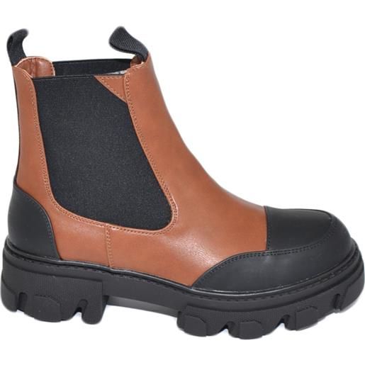 Malu Shoes stivaletti donna platform boots combat bicolore cuoio punta nero gommato impermeabile fondo alto zip elastico tendenza