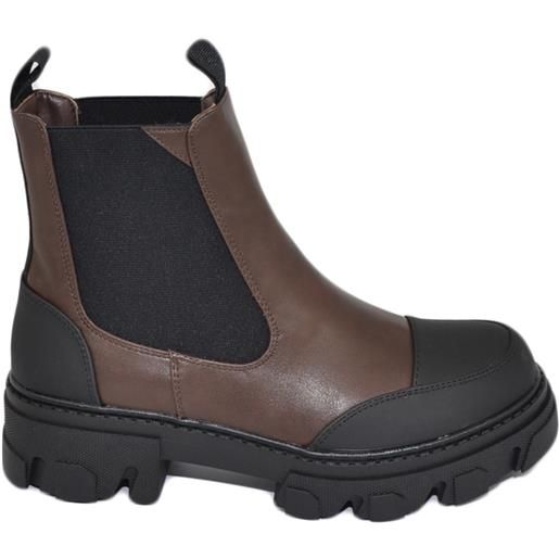 Malu Shoes stivaletti donna platform boots combat bicolore marrone punta nero gommato impermeabile fondo alto zip elastico tendenza