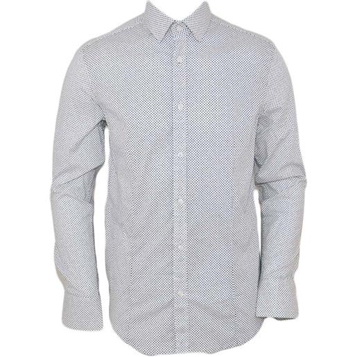 Malu Shoes camicia uomo cotone bianco pois collo rigido manica lunga motivo astratto blu chiusura bottoni moda