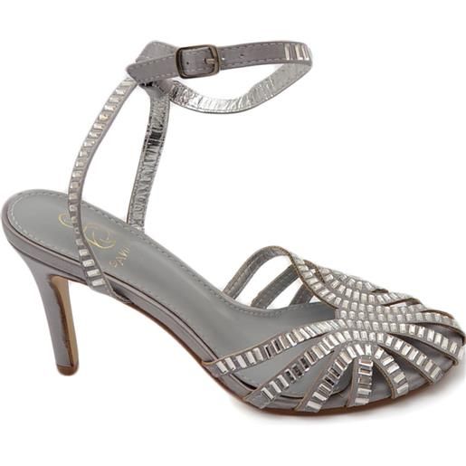 Malu Shoes sandali tacco donna a fascette argento con applicazioni strass anni 60 tacco 8 cm cerimonia cinturino alla caviglia