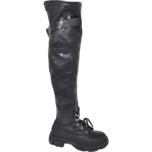 Malu Shoes stivale donna alto nero sopra ginocchio elastico platform calzino suola gomma alta bombata lacci fibbia tendenza moda
