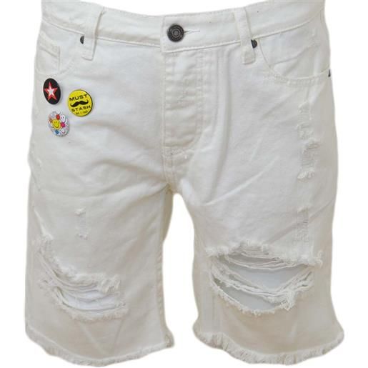 Malu Shoes pantoloni corti short uomo bermuda in denim jeans bianco con strappi e stemmi frontali moda giovane