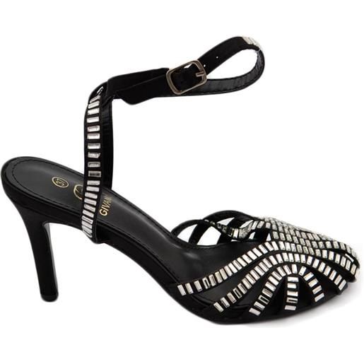 Malu Shoes sandali tacco donna a fascette nere lucide con applicazioni anni 60 tacco 8cm cerimonia cinturino alla caviglia