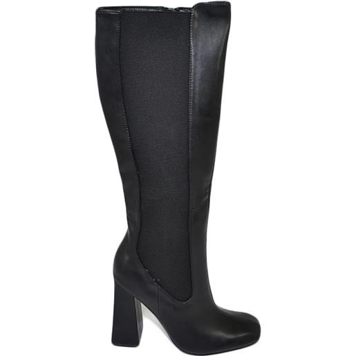 Malu Shoes stivale alto donna punta quadrata nero liscio gambale aderente con elastico al ginocchio tacco largo 10 cm moda con zip