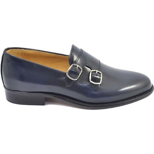 Malu Shoes scarpe uomo con fibbia doppia blu sottile derby vintage in vera pelle abrasivata spazzolata a mano business linea dandy