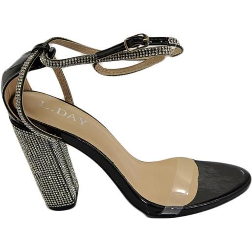 Malu Shoes sandalo donna gioiello nero tacco largo con strass fascia trasparente 10 cm cerimonia allacciatura alla caviglia moda