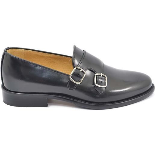 Malu Shoes scarpe uomo con fibbia doppia nero sottile derby vintage in vera pelle abrasivata spazzolata a mano business linea dandy