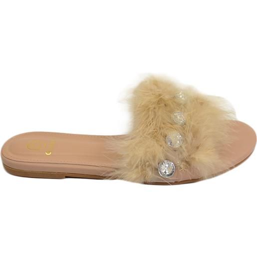 Malu Shoes pantofoline donna pelliccia peluche pelo con applicazioni beige nude voluminosa colorata morbide raso terra moda glamour