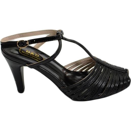 Malu Shoes sandali tacco donna a fascette neri effetto cromato anni 60 tacco a ronchetto 8cm cerimonia cinturino alla caviglia