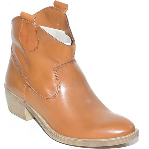 Malu shoes camperos donna stivali texani tipo western cuoio in vera pelle liscia altezza caviglia moda basic handmade in italy