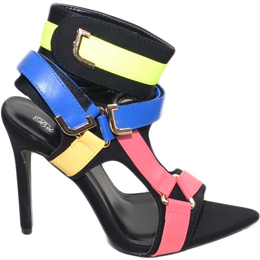 Malu Shoes sandalo donna colorato a punta con fibbie colorate rosa giallo blu tendenza moda tacco a spillo 12 cinturino caviglia