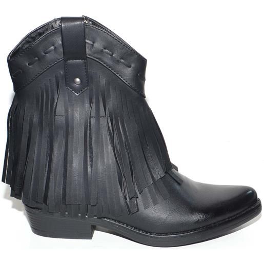 Malu Shoes stivaletto donna nero camperos basso con frange a punta texani tacco basso western zip moda