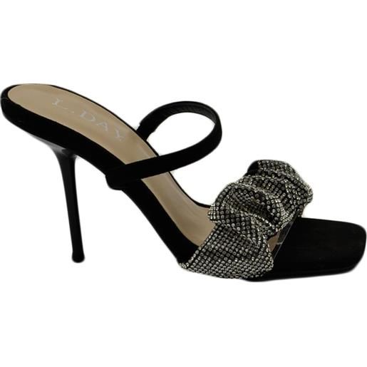 Malu Shoes sandalo gioiello nero donna tacco 10 fascia arricciata di strass luccicanti cerimonia evento cinturino frontale